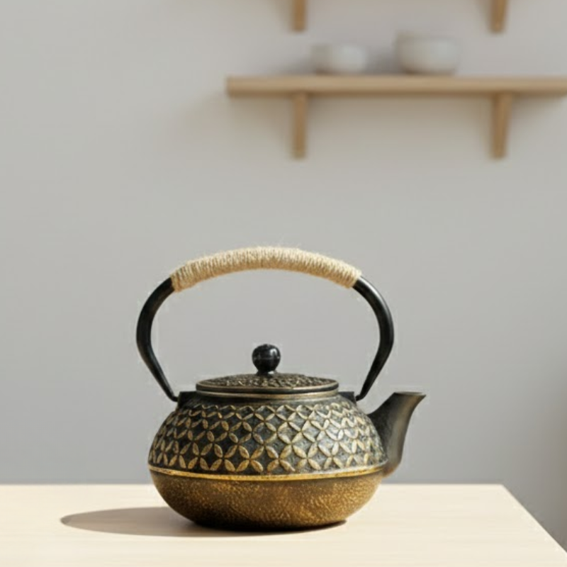 théière en fonte émaillée japonaise noir et or