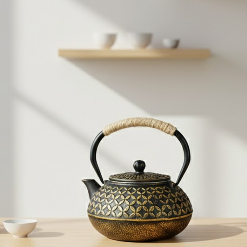 théière en fonte émaillée japonaise noir et or