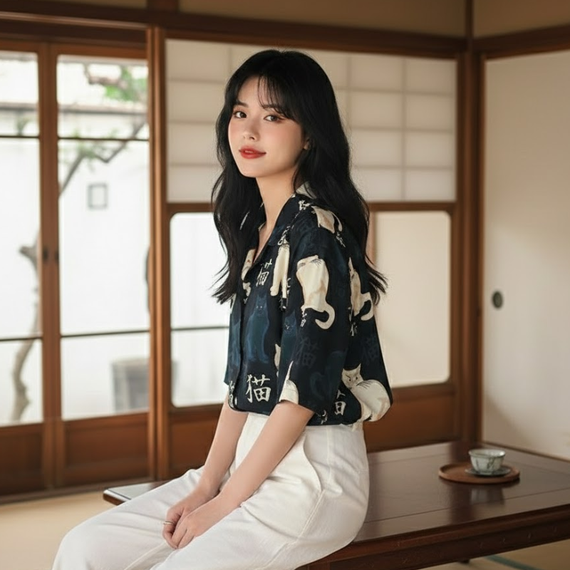 Chemise japonaise avec chat dessus pour fille