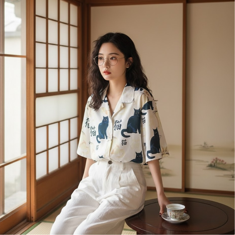 Chemise japonaise avec chat dessus pour fille