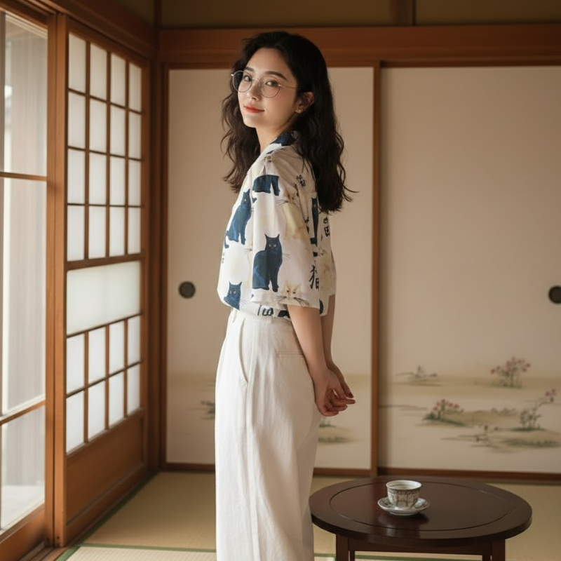 Chemise japonaise avec chat dessus pour fille