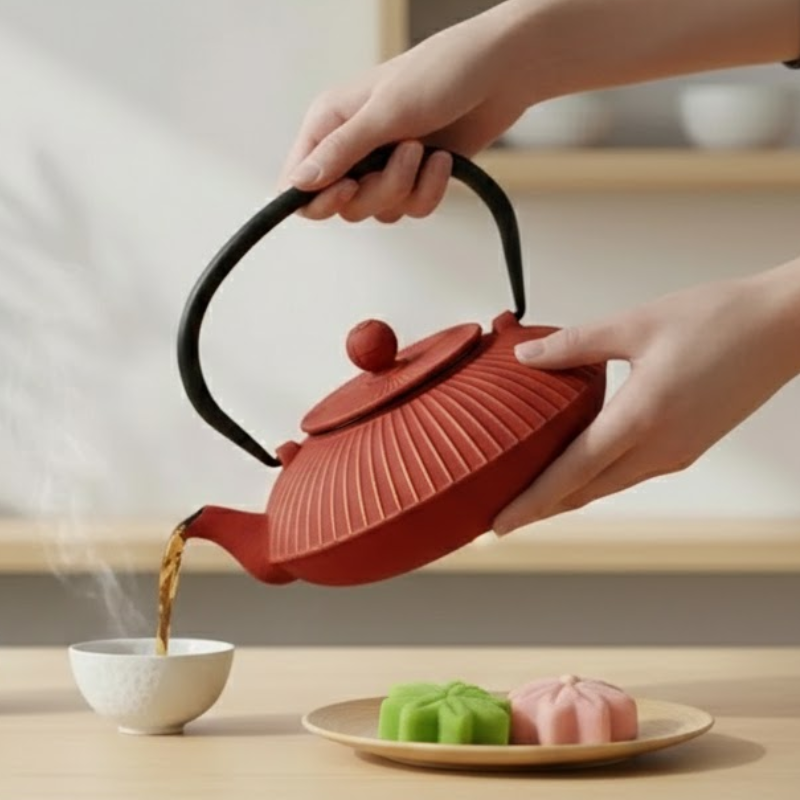 Théière rouge or japonaise en fonte