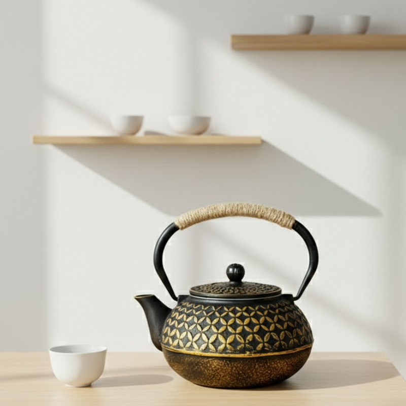 théière en fonte émaillée japonaise noir et or