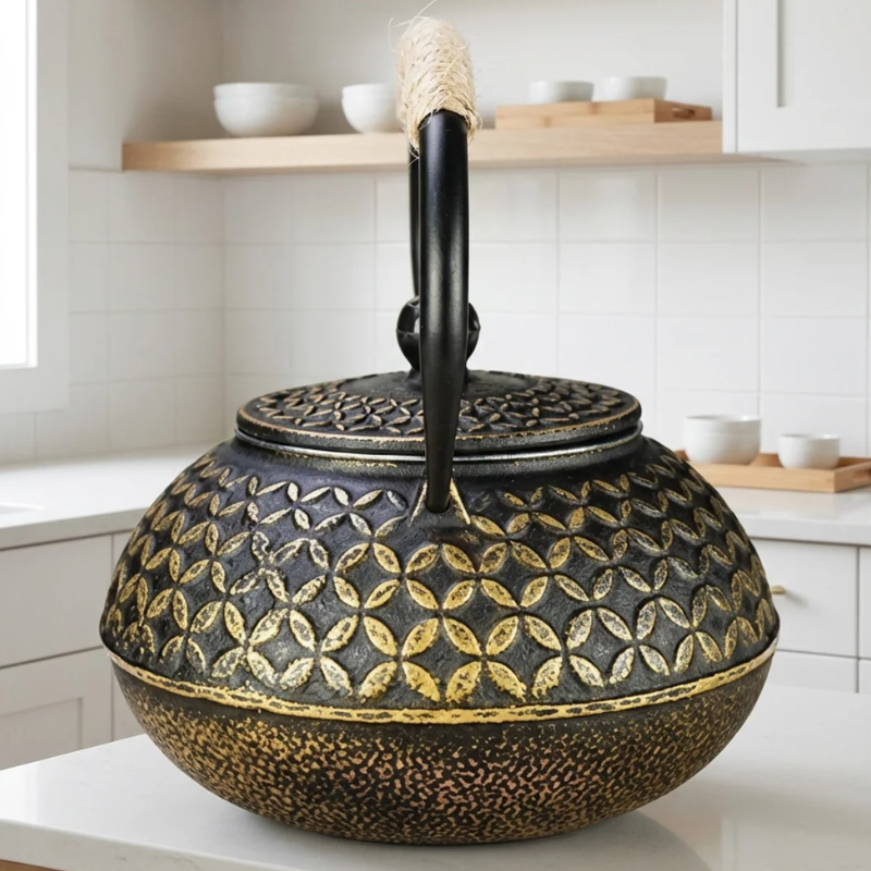 théière en fonte émaillée japonaise noir et or