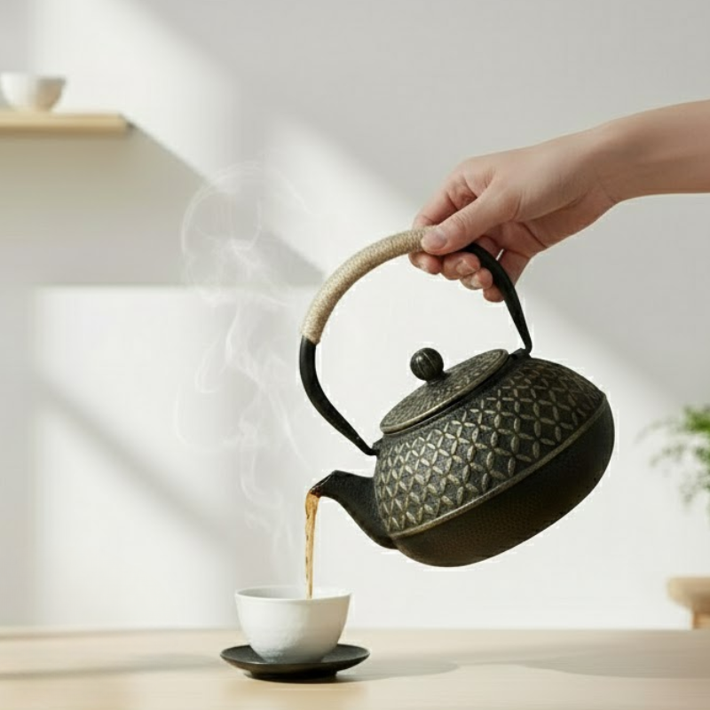 théière en fonte émaillée japonaise noir et or