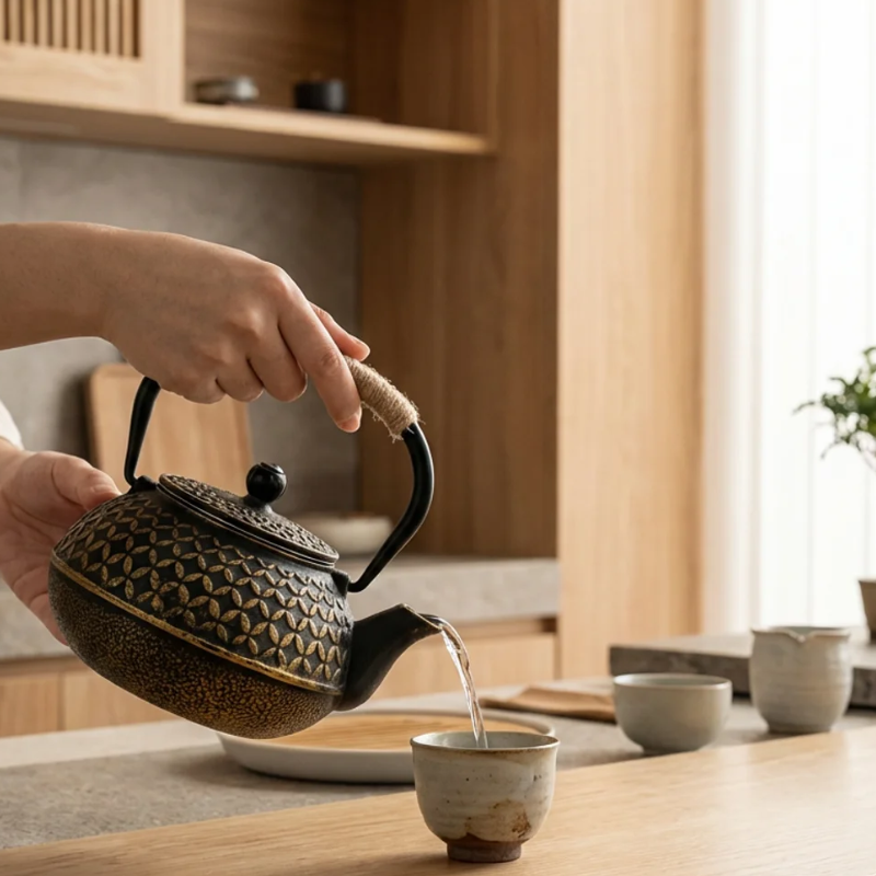 théière en fonte émaillée japonaise noir et or