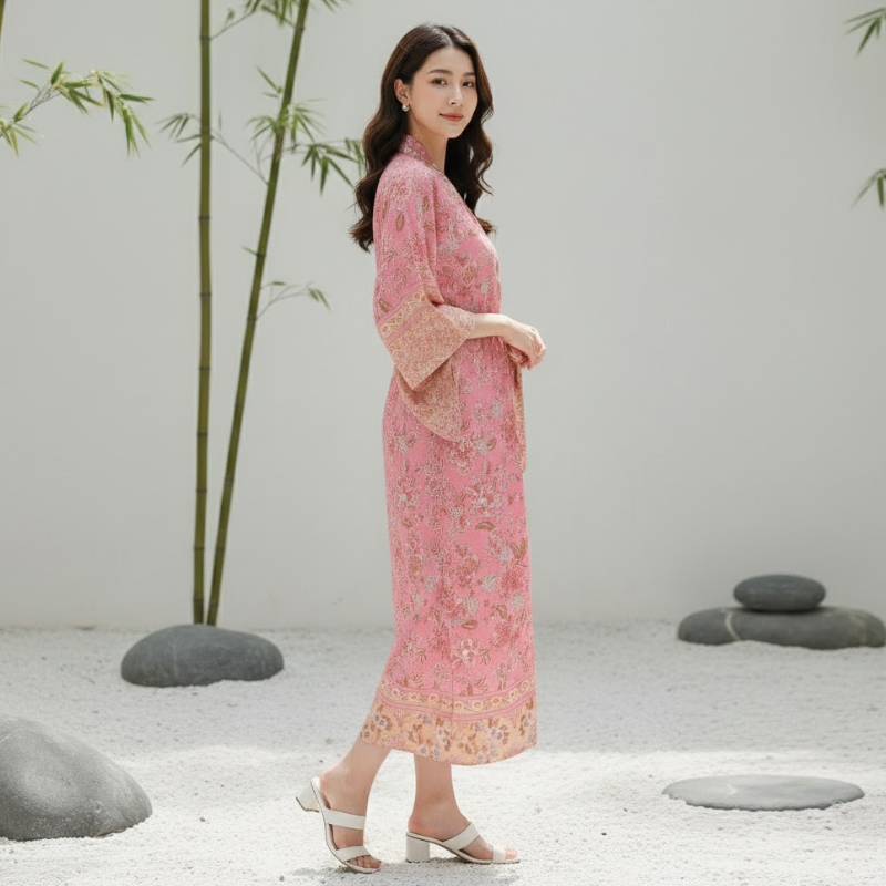 Kimono femme mi-long fleur rose