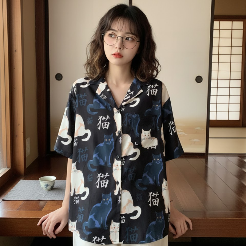 Chemise japonaise avec chat dessus pour fille