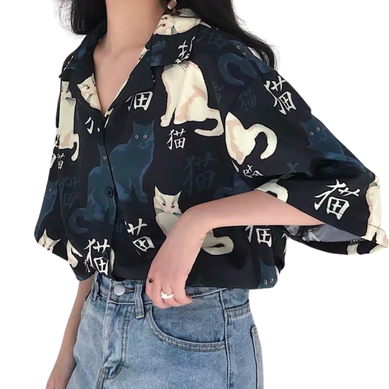 Chemise japonaise avec chat dessus pour fille