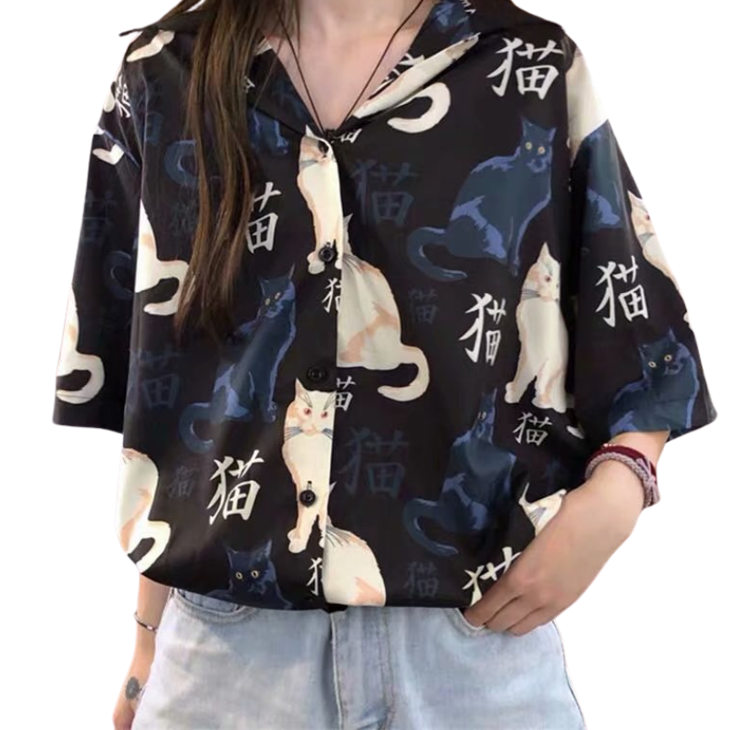 Chemise japonaise avec chat dessus pour fille