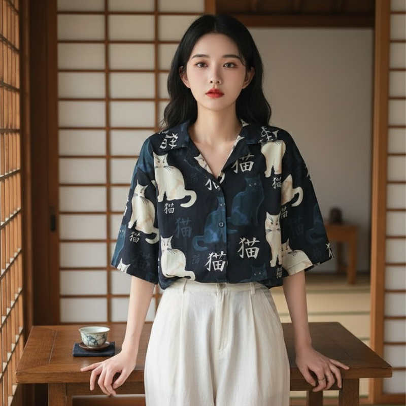 Chemise japonaise avec chat dessus pour fille