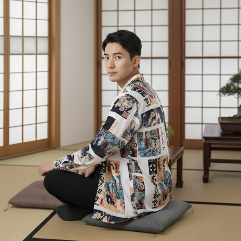 Chemise imprimée écriture japonaise