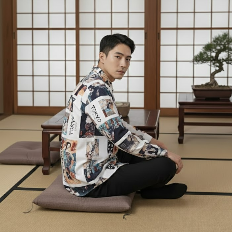 Chemise imprimée écriture japonaise