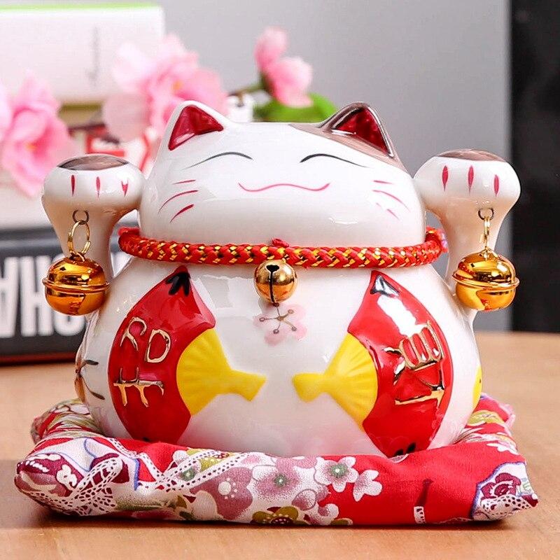 Maneki Neko Tirelire ’Éventails’ - Blanc / 11 x cm