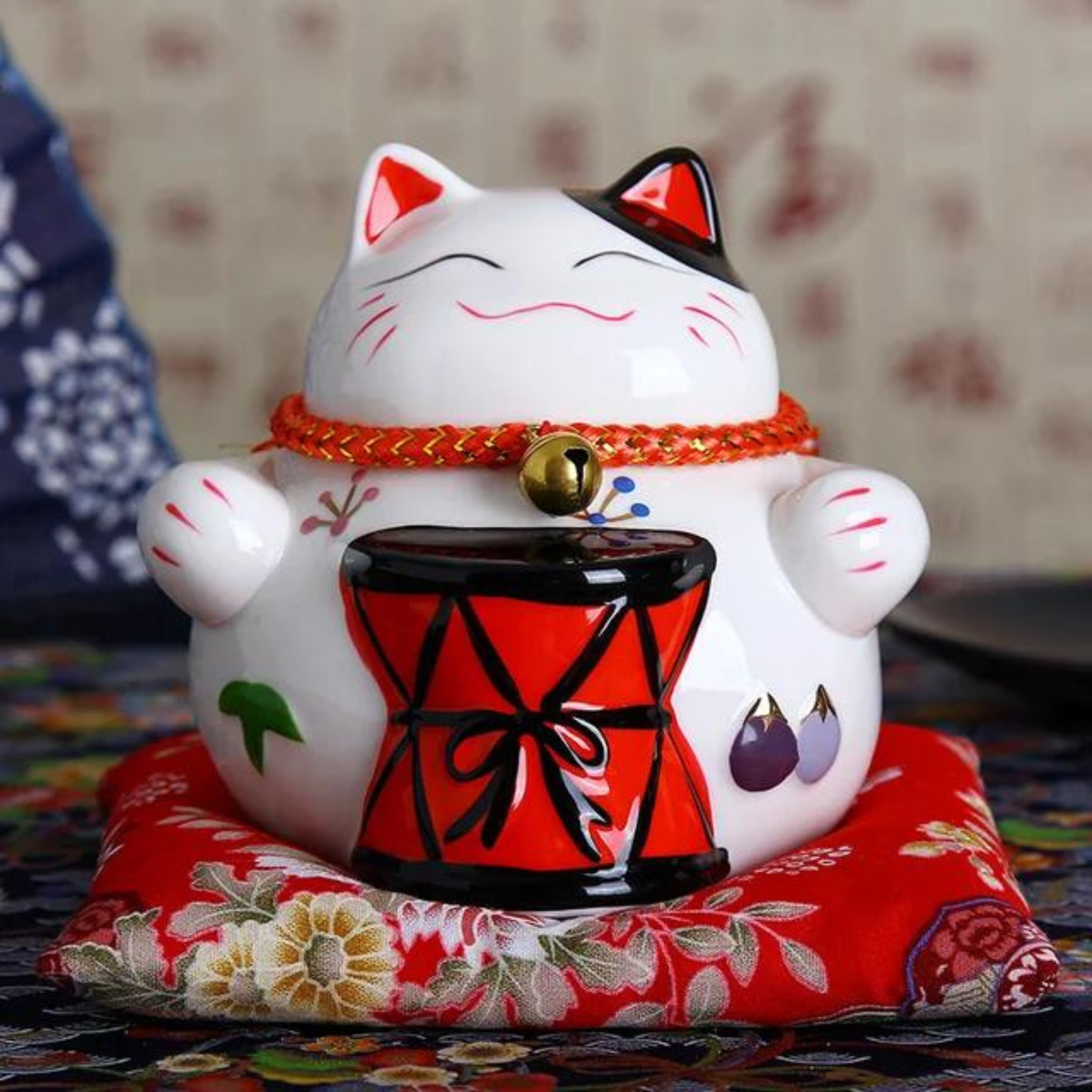 Maneki Neko Traditionnel - Tambour / 11 x cm