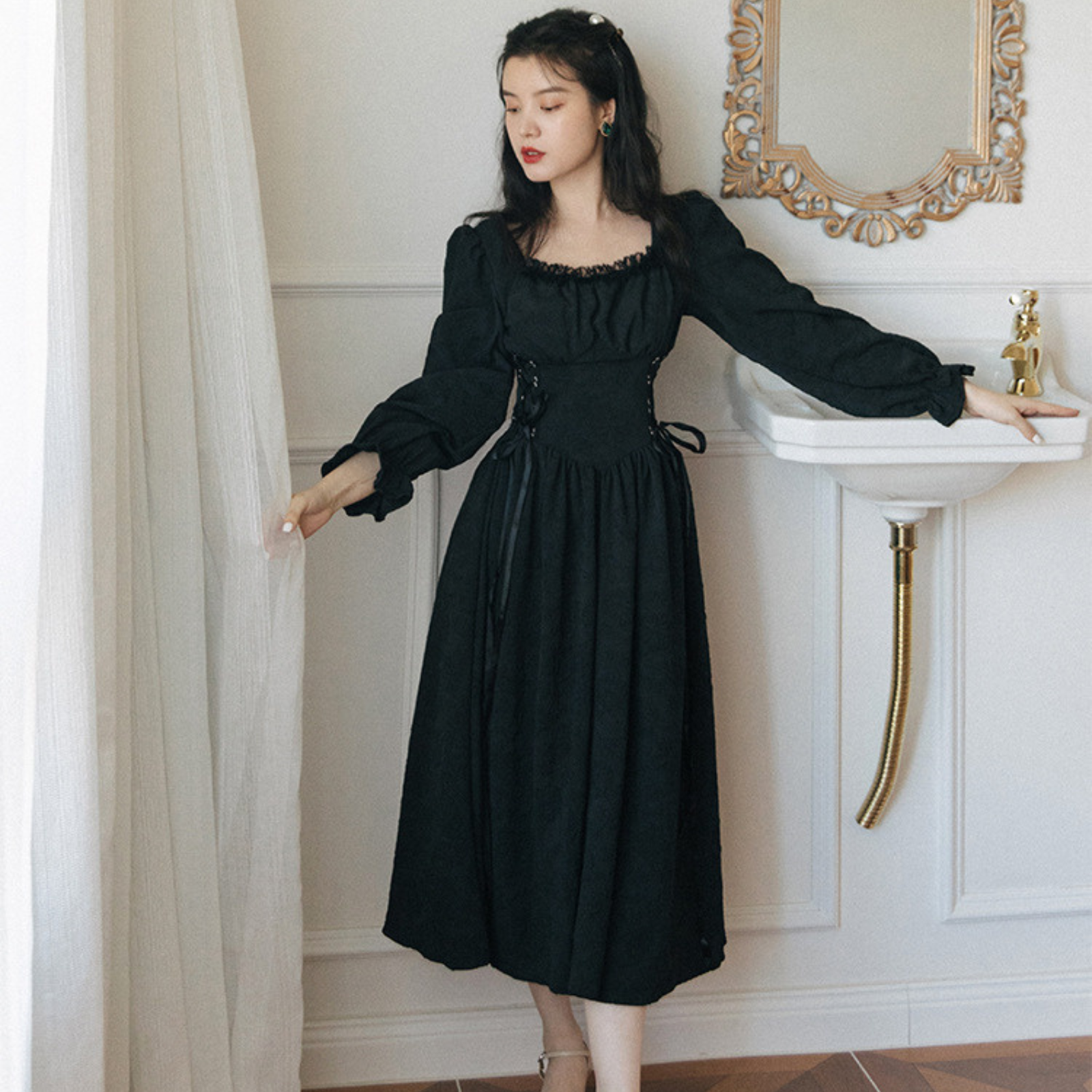 Robe Longue en Dentelle Style Bohème - Noir / S