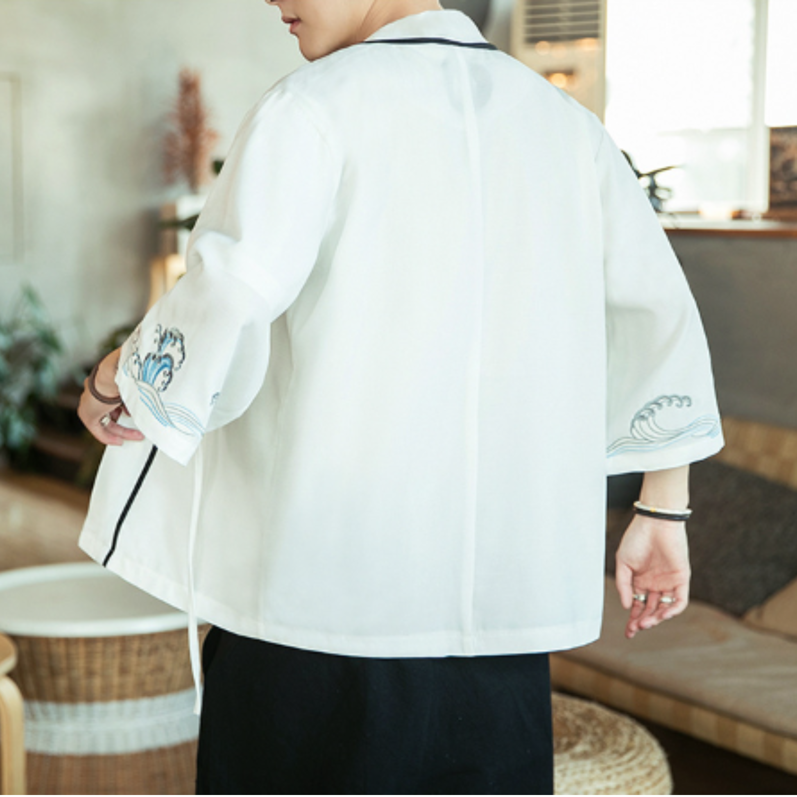 Veste Kimono Blanche ’Vague Kanagawa’