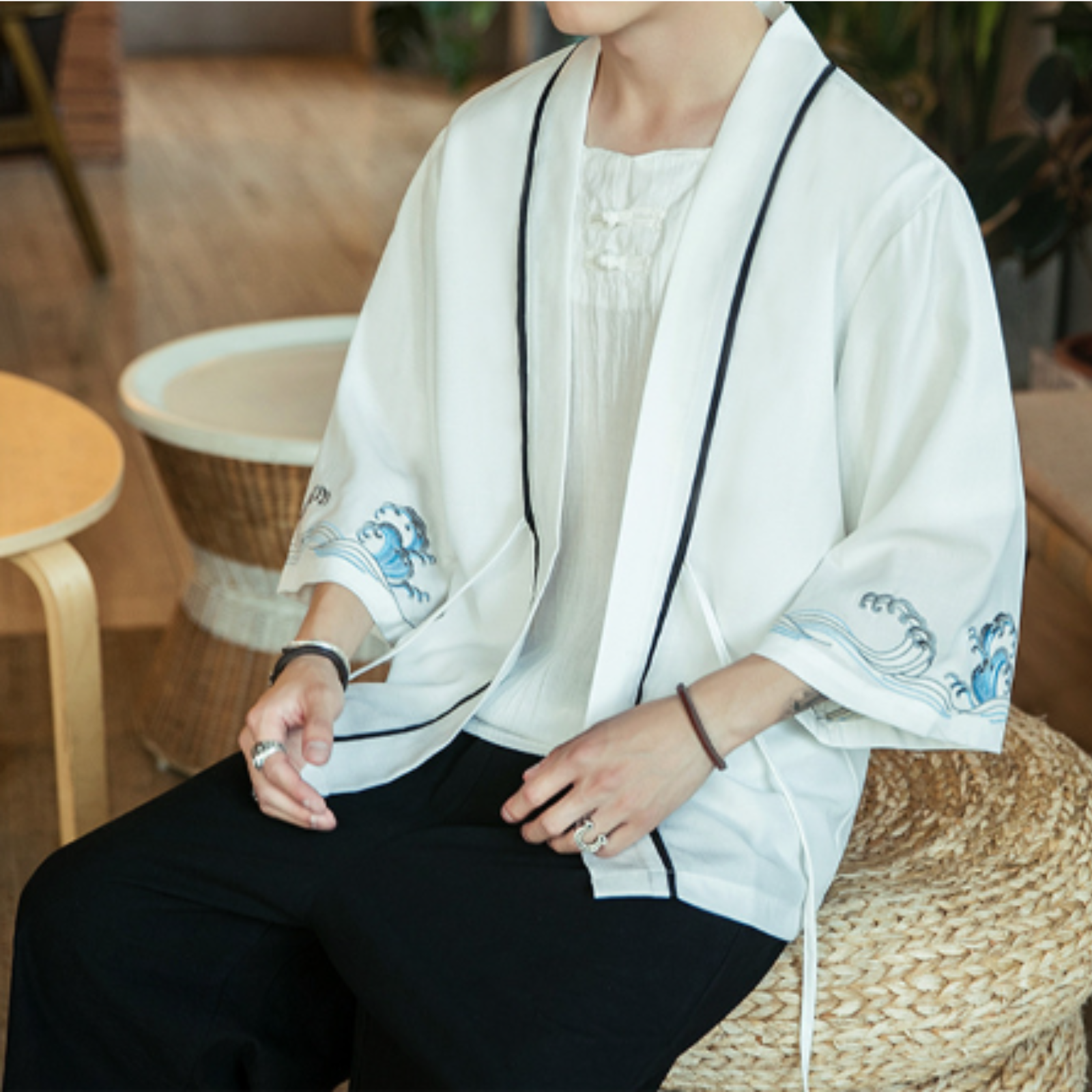 Veste Kimono Blanche ’Vague Kanagawa’