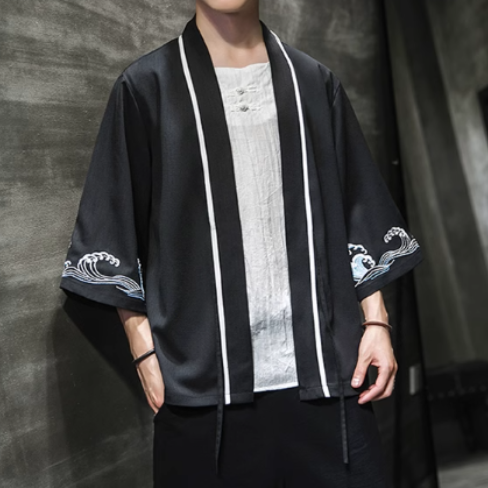 Veste Kimono Homme Motif Vague ’Iko’ - Noir / S