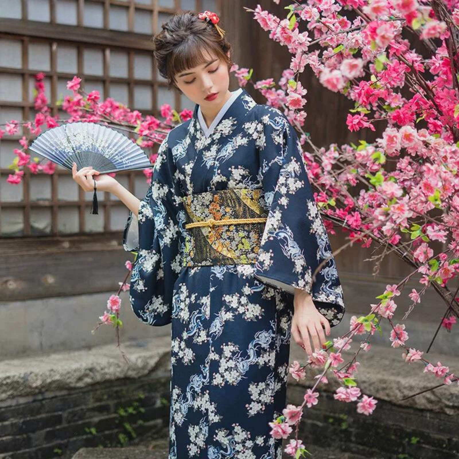 Vrai Kimono Japonais Femme - Bleu / S